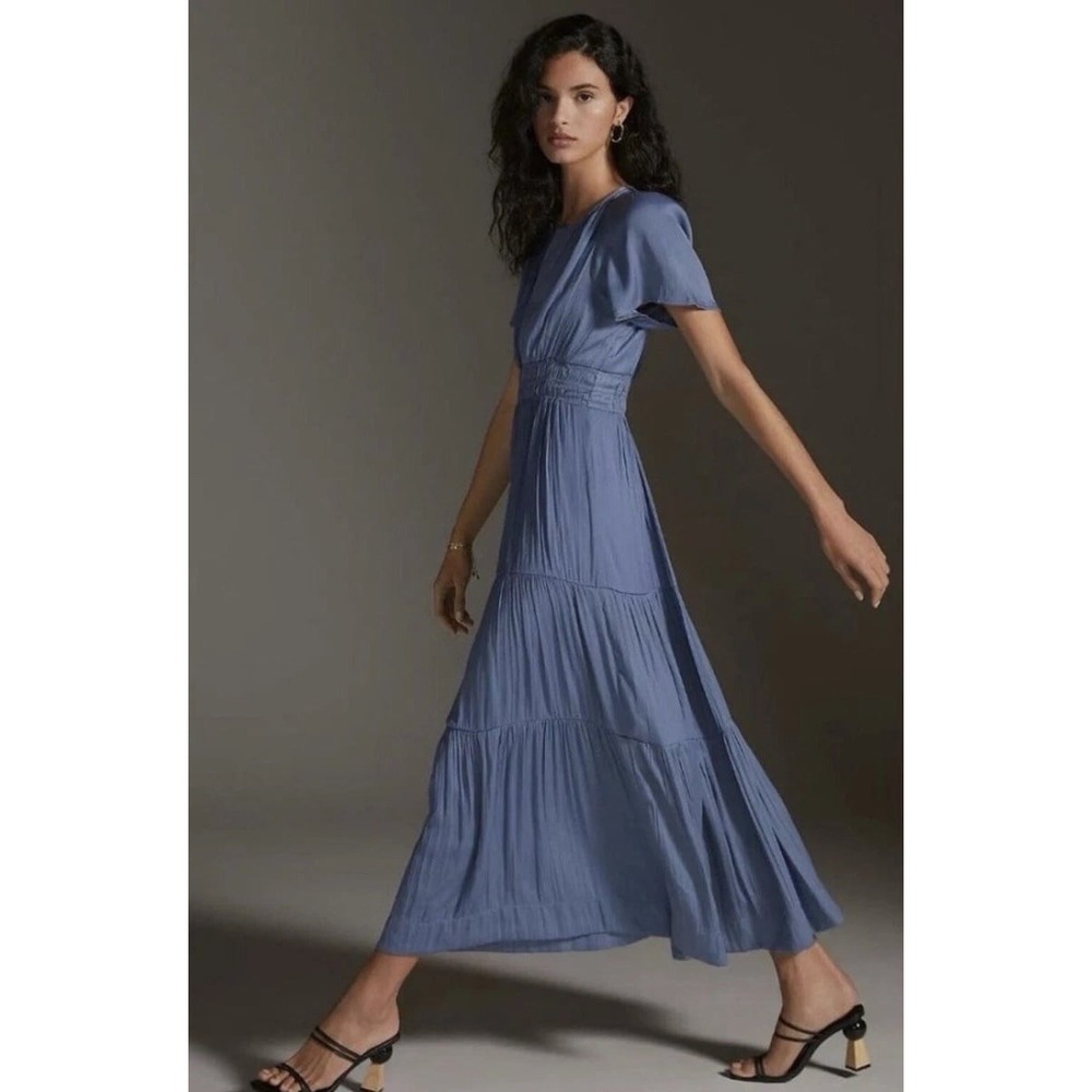 Anthropologie The Somerset Satin Maxi Dress Blue Pleated Tiered Size S $168